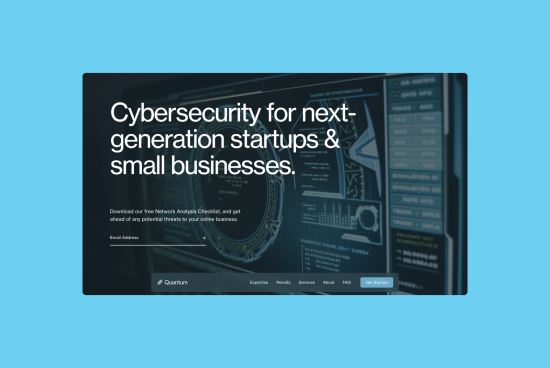 Webpage template featuring cybersecurity services for startups and small businesses, with a tech interface design.